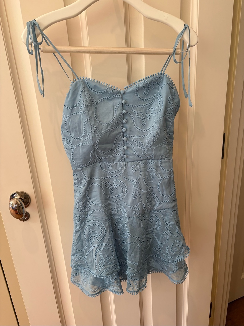 Alice + Olivia Mineral Blue Eyelet Tie-Shoulder Dress